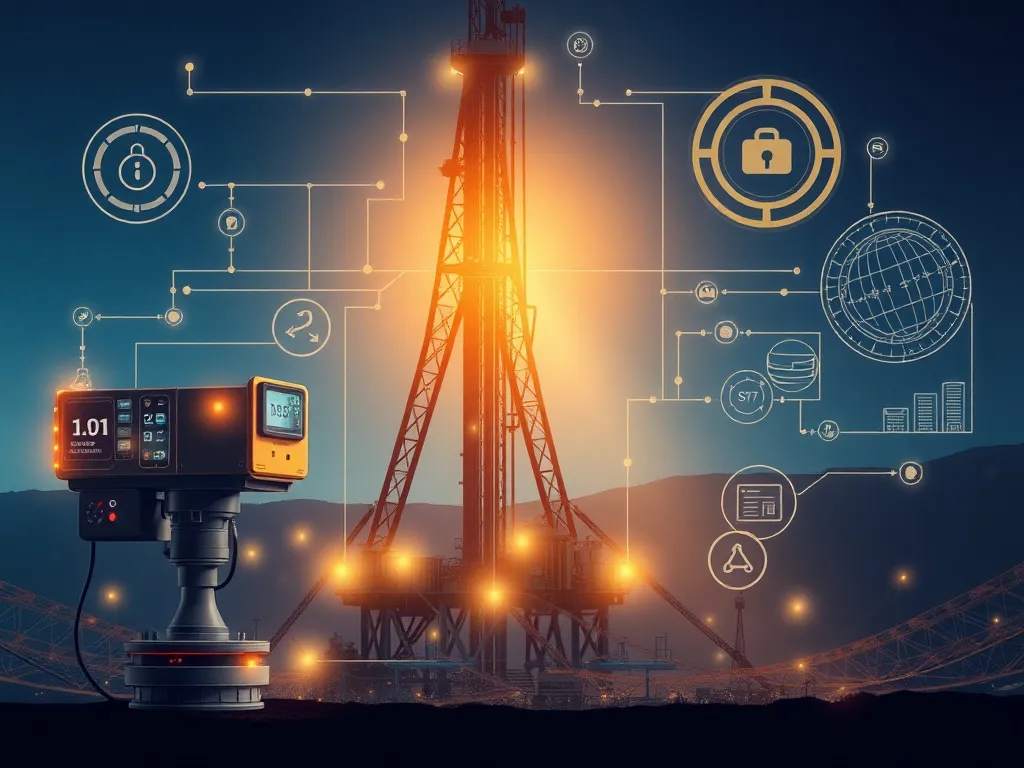 Illustration of predictive maintenance in drilling with AI, featuring sensors and real-time monitoring systems, high quality, photorealistic