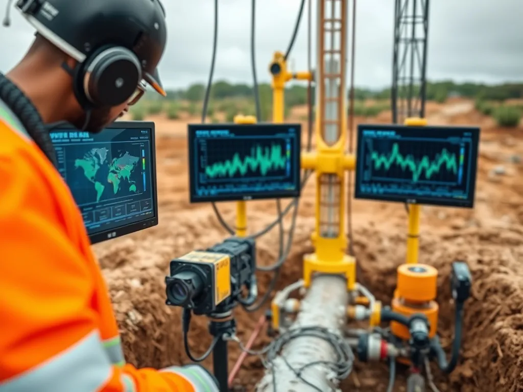 AI technology in water well drilling, showing data streams on monitors and sensors, high quality, detailed, in professional photography style