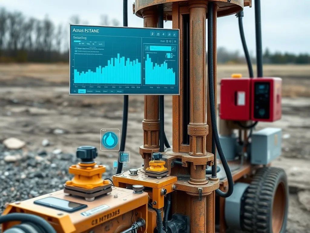 AI-driven predictive maintenance on water well drilling equipment, showing sensors and real-time data analysis with futuristic interface design, photorealistic, high quality