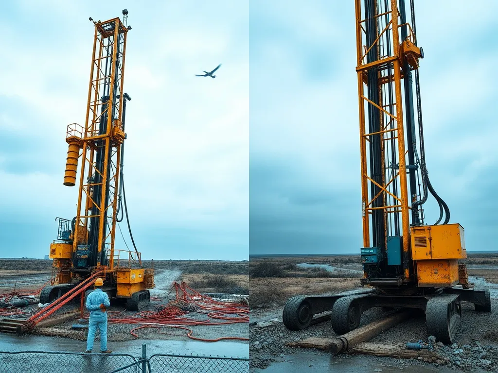 Challenges in integrating AI with outdated drilling infrastructure, showing a contrast between old and new technology in water well drilling, high quality, professional photography