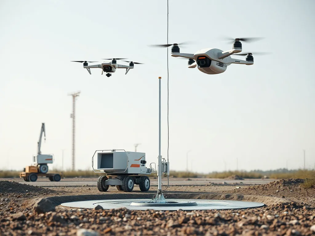 Futuristic AI-driven robotic systems in water well drilling, showing autonomous machinery and drones in action, photorealistic, precise, high quality
