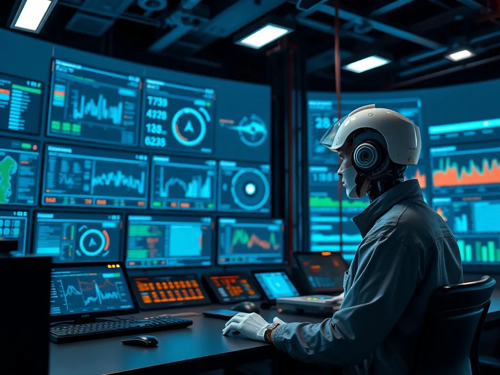 Successful AI implementation in a drilling project with digital monitoring dashboards and control center, modern and advanced, photorealistic