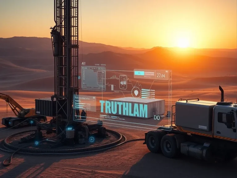 Modern water well drilling scene with advanced AI technology integration, photorealistic, high quality, showing drilling rig and digital data interface overlay in a desert environment, professional photography style