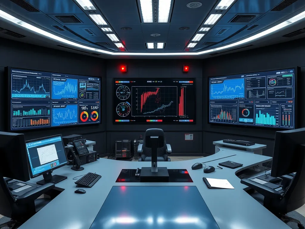 Advanced drilling control room with AI system interface, digital screens showcasing real-time data and predictive analytics, professional lighting, modern technology environment