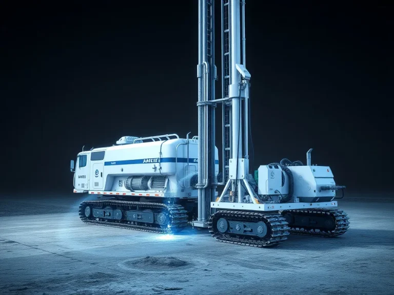 Futuristic water well drilling rig enhanced with AI technologies, photorealistic, high quality, advanced machinery, modern design, clean and efficient operation