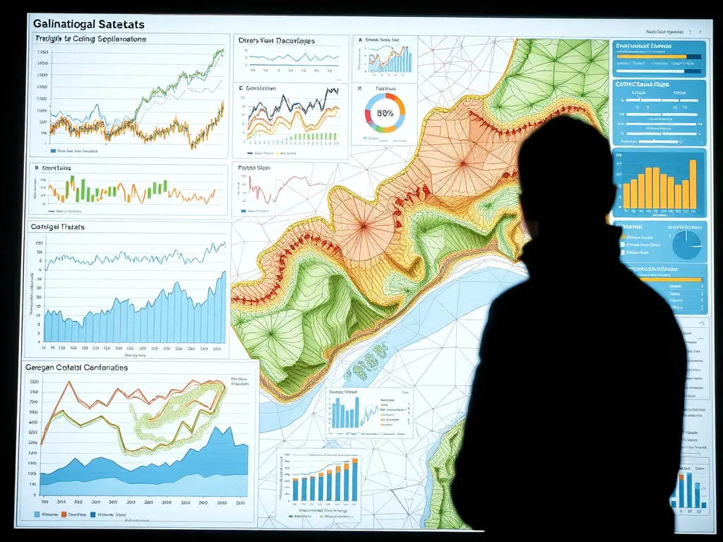 Visualization of geological and operational datasets converting into insights, data-driven decision-making with AI, detailed graphs, and maps in a high-tech setting