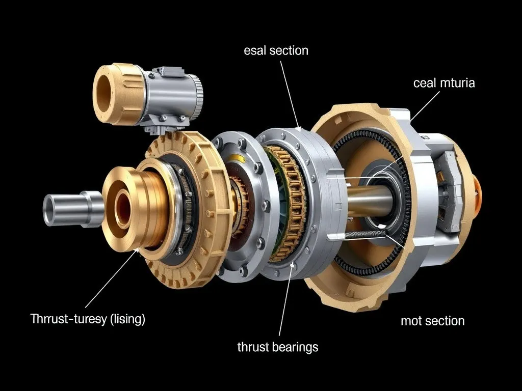 Cutaway view showing internal components of an ESP such as the motor, seal section, thrust bearings, and downhole cable, detailed, photorealistic