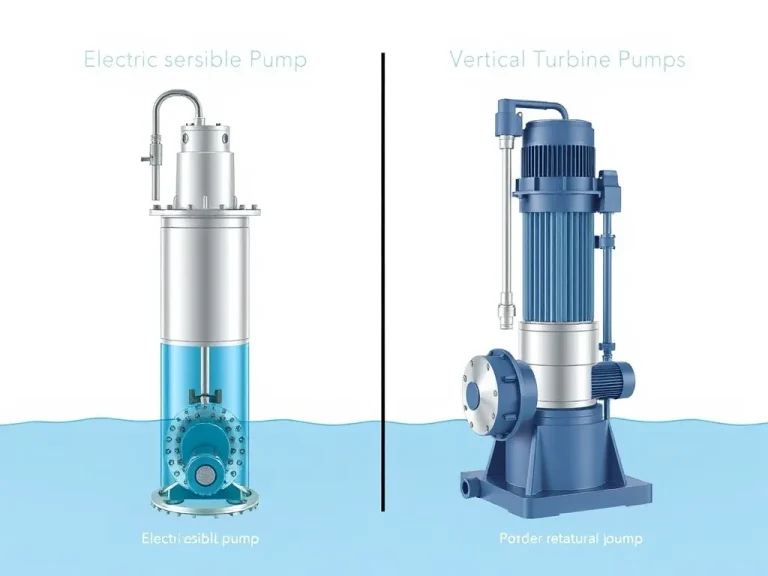 Professional illustration contrasting Electric Submersible Pumps and Vertical Turbine Pumps in water well operations, detailed components, photorealistic, high quality, technical illustration, clean background