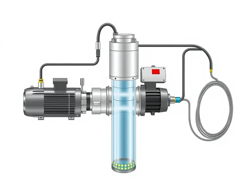 Detailed illustration of an electric submersible pump system showing components like multistage pump, motor, and cables, high quality, technical style
