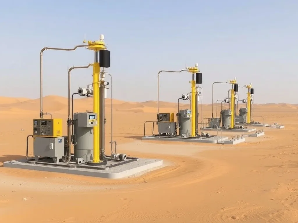 Scenario depicting ESPs in a desert environment, typical of Saudi Aramco projects, with monitoring and power systems, photorealistic, well site
