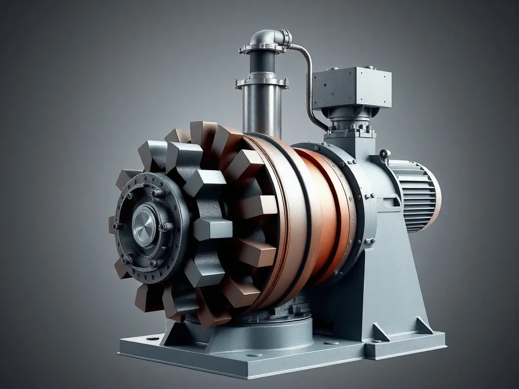 Visual representation of a vertical turbine pump with impeller stages, vertical shaft, and aboveground driver, photorealistic, high detail