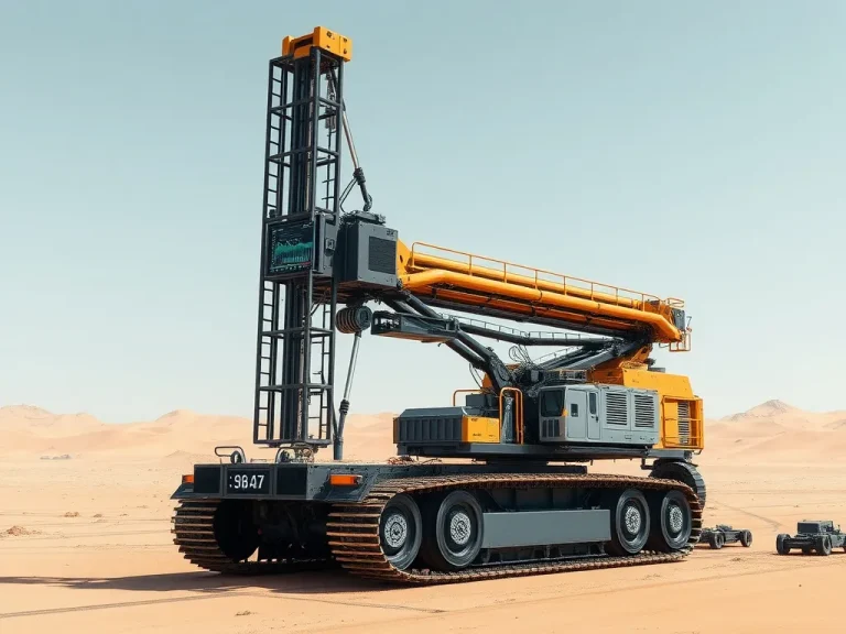 Advanced drilling rig equipped with AI technology in a desert setting, modern and futuristic, showing data visualization on a clean background, symbolizing technological advancement, high quality, photorealistic, professional lighting.