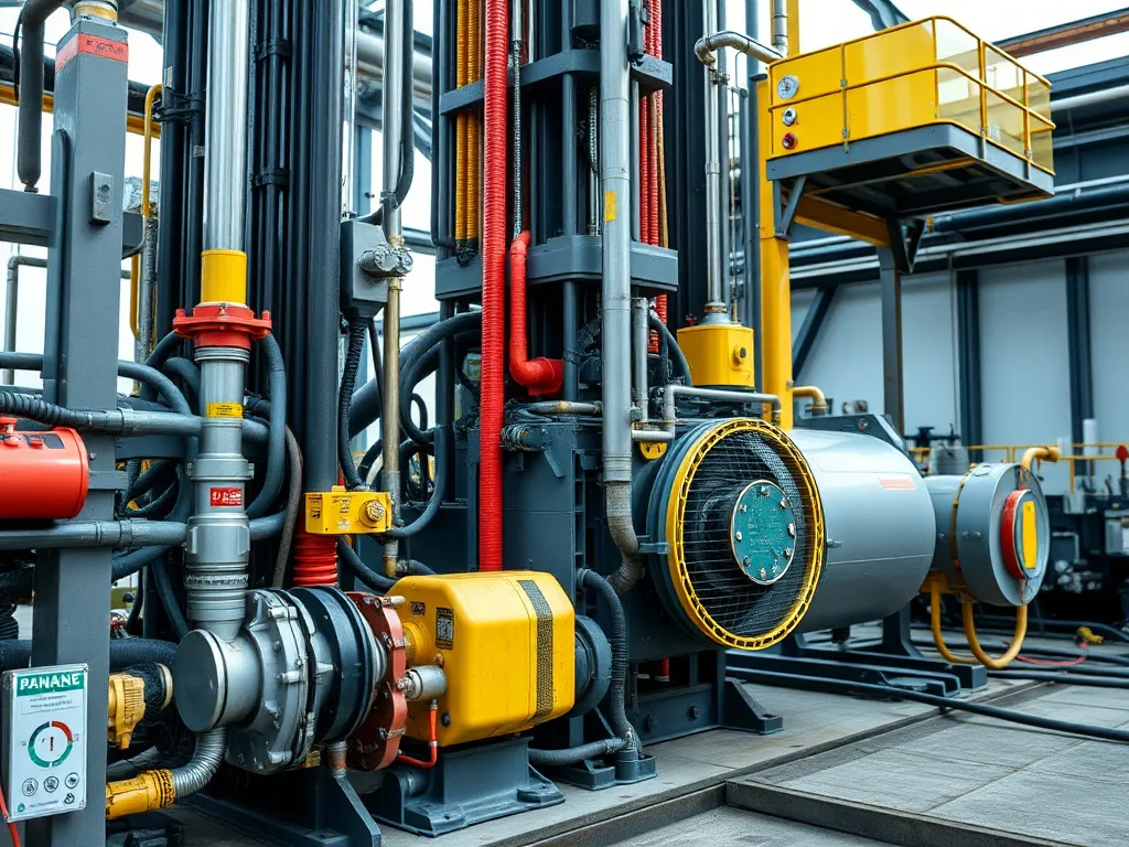 AI-enhanced safety and maintenance in drilling, showing predictive maintenance on equipment, and computer-monitored safety zones, professional photography and high detail.