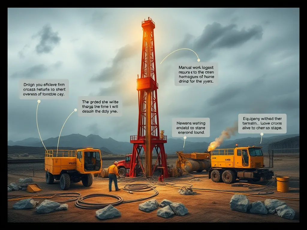 Depiction of challenges in drilling operations, with elements like adverse weather, manual work logs, and equipment downtime, realistic and detailed.