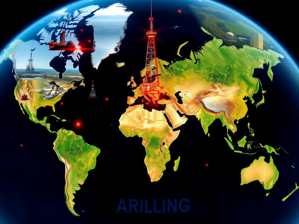 Diverse global drilling operations with AI overlays, showcasing settings like oil rigs, geothermal sites, and farmlands, detailed and vibrant, showing global reach and application.