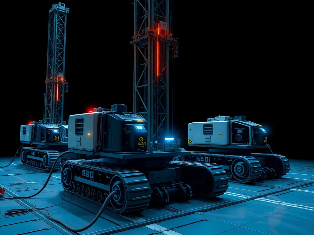 Futuristic, self-operating drilling rigs with AI systems, autonomously handling tasks, showcasing future advancements, detailed and futuristic aesthetic.