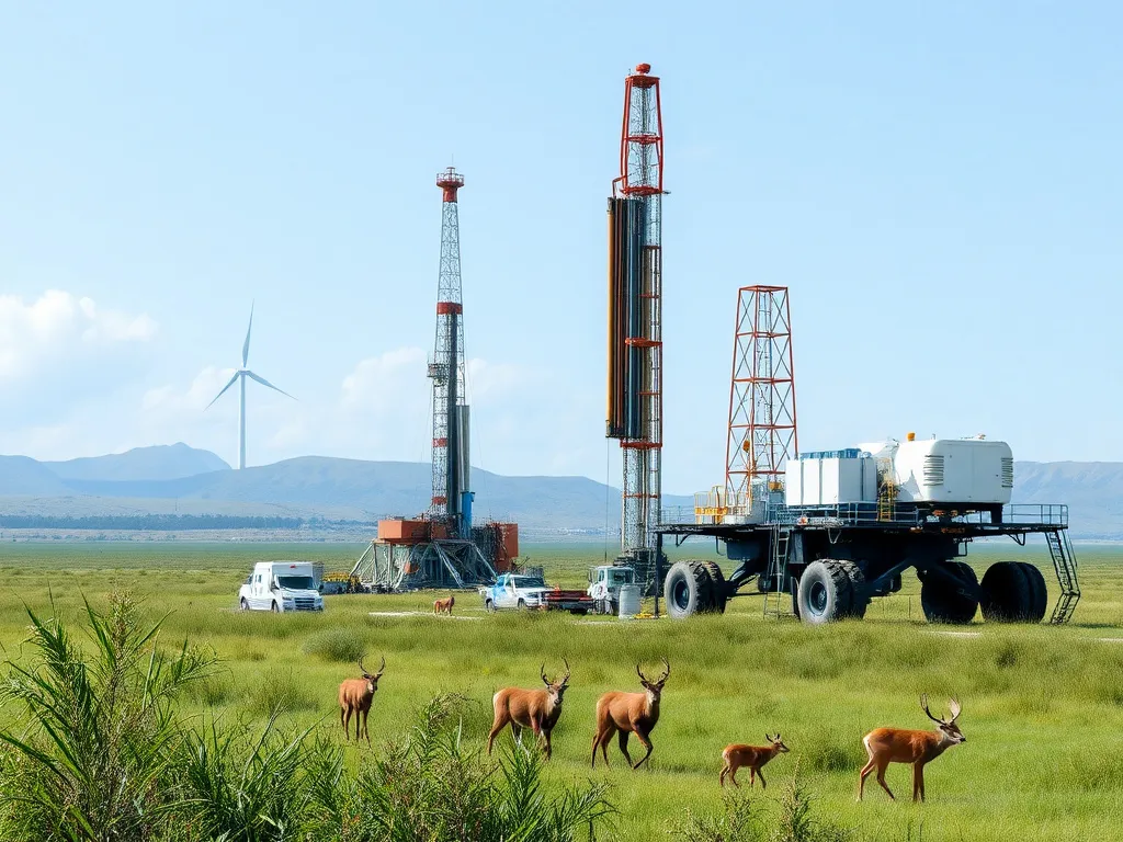 Scene showing AI's role in environmental conservation during drilling, featuring energy-efficient rigs and wildlife protection, clean and detailed, environmental focus.