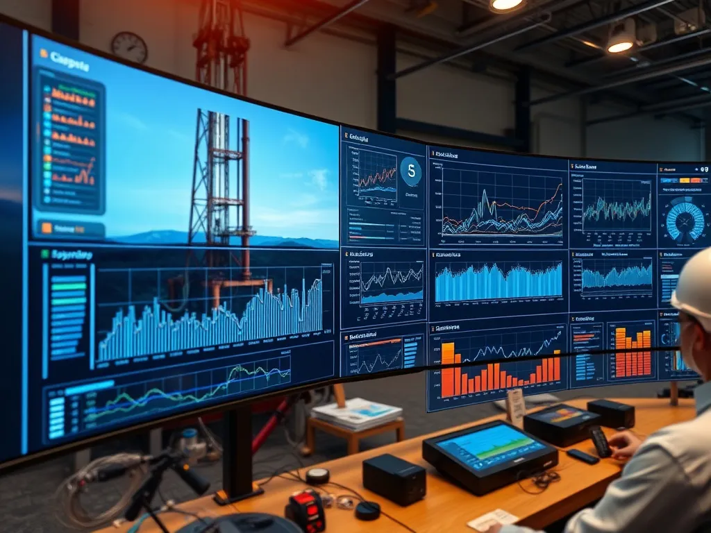 AI technology monitoring a drilling operation, with data layers, graphs, and analytics, representing real-time operations, high detail, professional photography, clean setup.