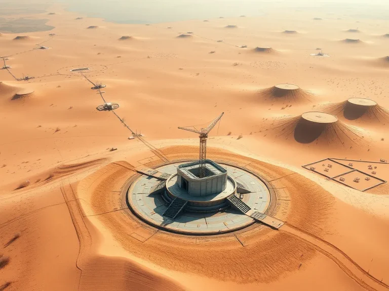 Aerial view of a high-tech water well site in a desert landscape, showcasing advanced technology and AI integration in a modern, sustainable setting, photorealistic, high quality