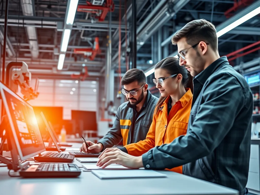 Engineers implementing AI solutions in a high-tech facility, collaborative work environment, cutting-edge technology