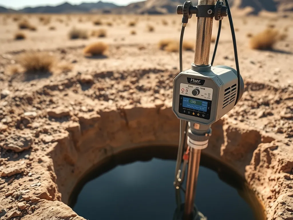 IoT-enabled sensors within a desert well site collecting real-time water quality data, detailed, high quality, professional lighting
