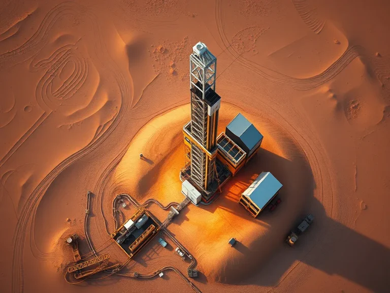 Aerial view of advanced water well drilling rig in a desert environment, photorealistic, high quality, vibrant lighting, depicting the scale and precision of modern water well construction technology in Saudi Arabia