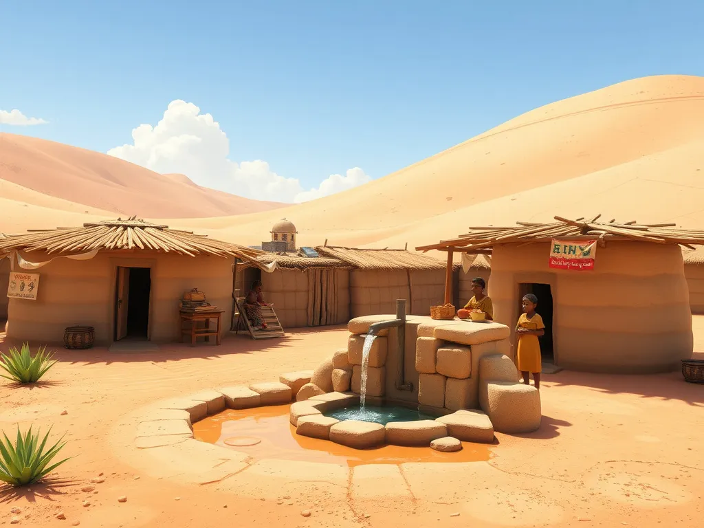 Animation of a remote desert village gaining water access from a newly constructed well, depicting the transformation in community life, photorealistic, vibrant