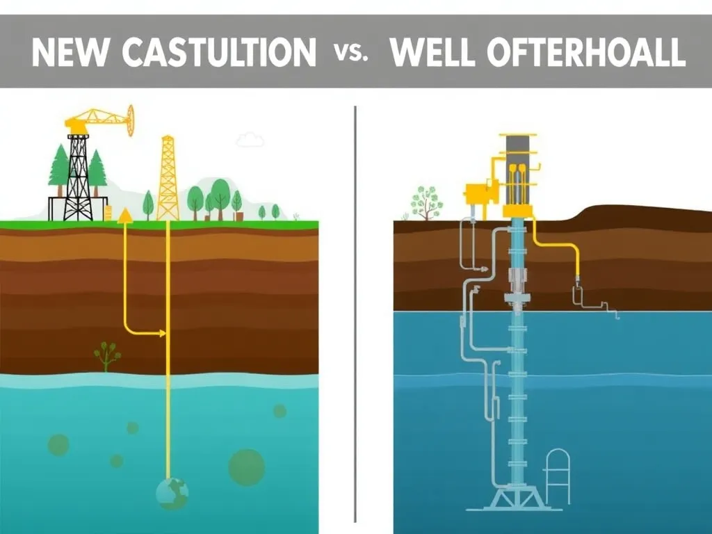 Comparative illustration of new well construction vs well overhaul: showing the environmental impact, timeframes, and structural differences, clear and detailed