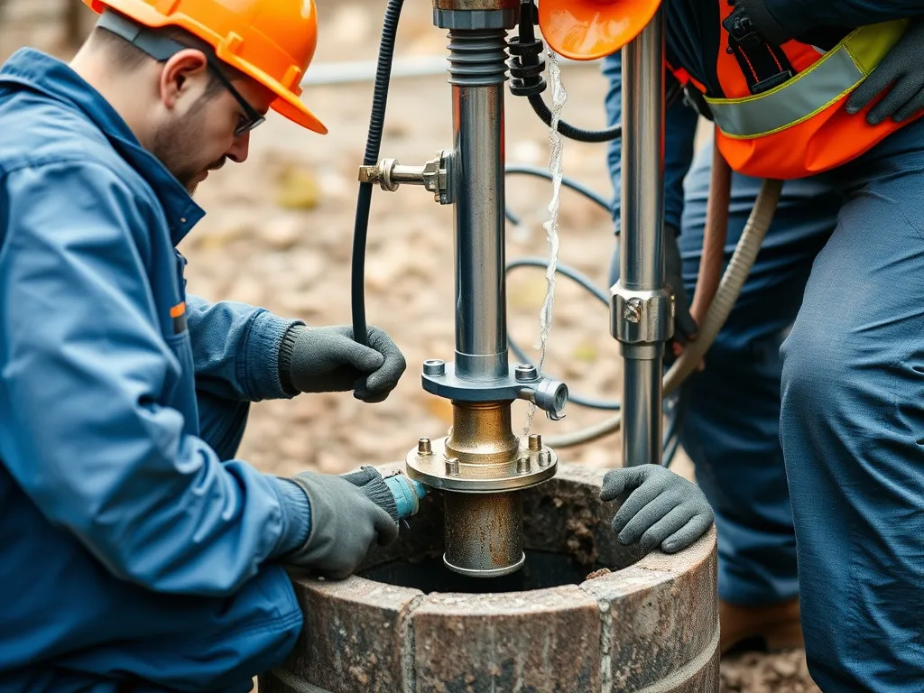 Professional water well maintenance crew performing well overhaul, showing tools and techniques for cleaning and upgrading existing wells, detailed, action-focused