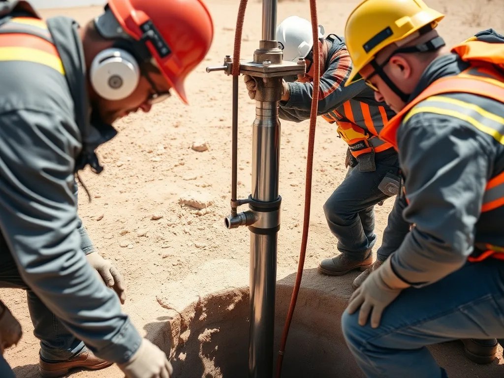 Close-up of engineers installing a submersible pump in a water well, with technical gear and safety equipment in a desert environment, attention to detail, showing teamwork and expertise