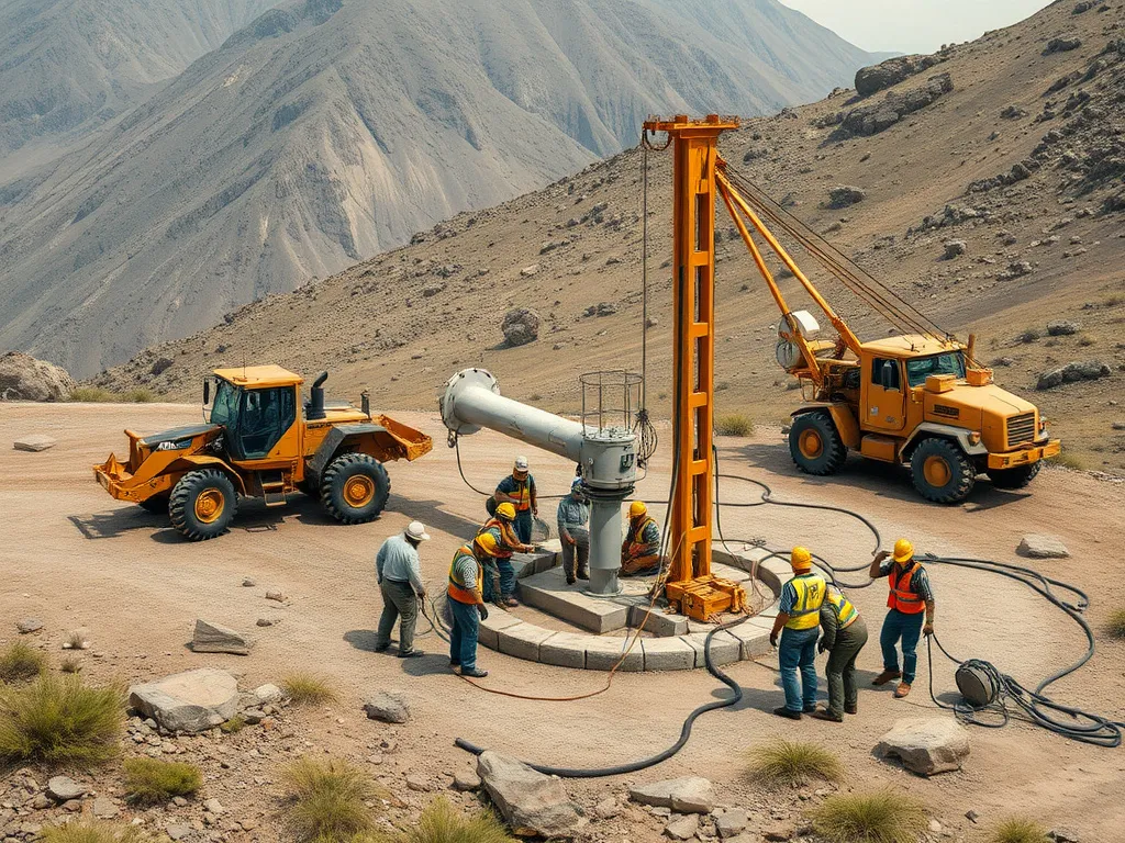 Depiction of retrieval process for a water well pump, involving heavy machinery and coordinated team effort in a rugged landscape, showing preparation and planned interventions, realistic and detailed
