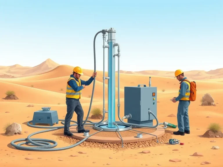 Illustration of advanced water well pump system installation and maintenance, depicting engineers installing a water pump in a desert setting with professional equipment, showing safety measures and technical precision, high quality, realistic, professional lighting