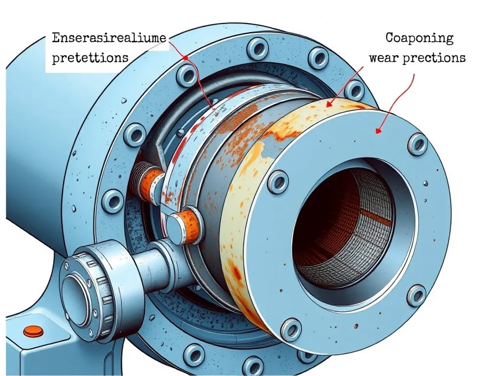 Illustration of corrosion prevention techniques on well pump components, including coatings and protective materials, showing engineering precision and innovation to handle wear and tear