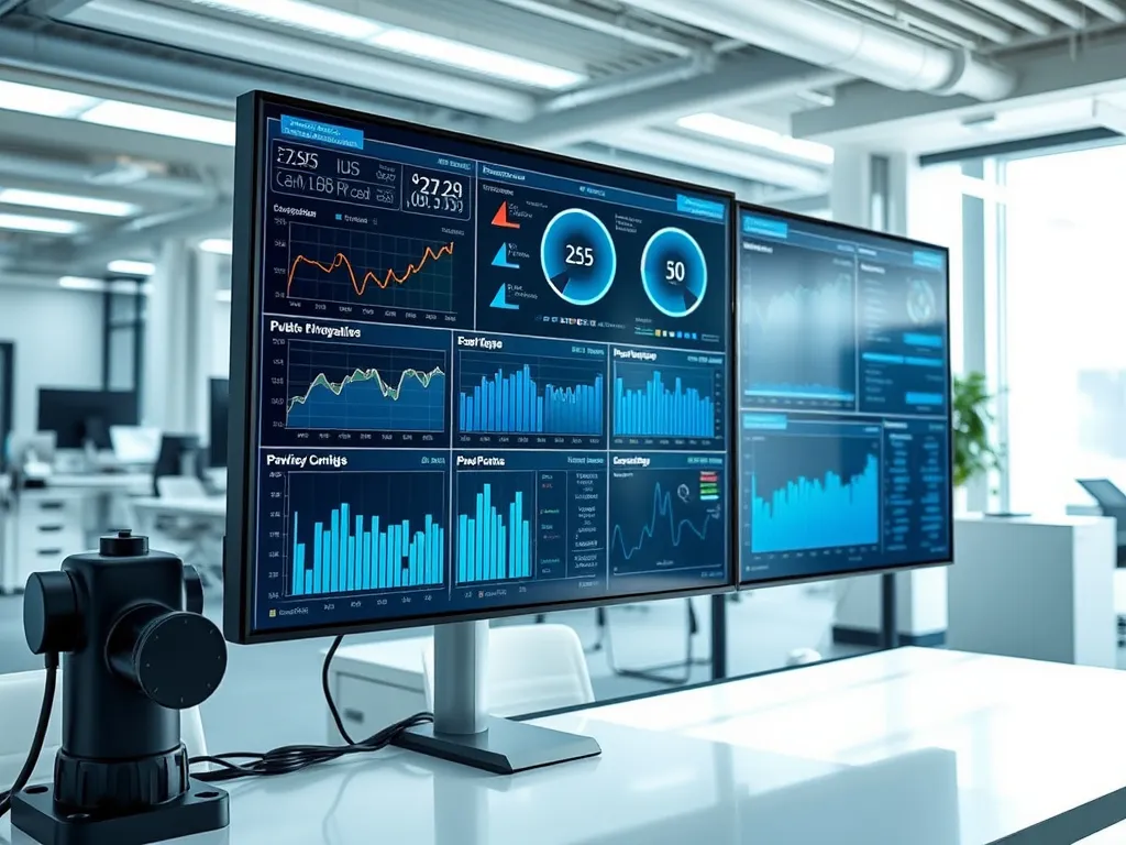 Imagery of a digital performance monitoring system for water well pumps, highlighting real-time data, analytics, and modern control systems in a high-tech office setting