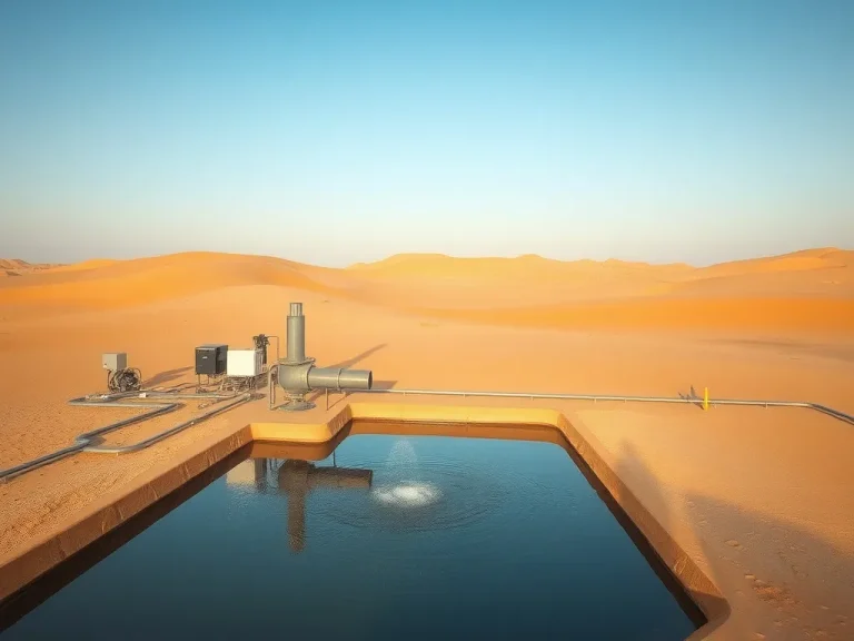 Desert landscape with modern industrial water pump setup, photorealistic, high quality, clear skies, professional environment, showcasing sustainable water management in Saudi Arabia.