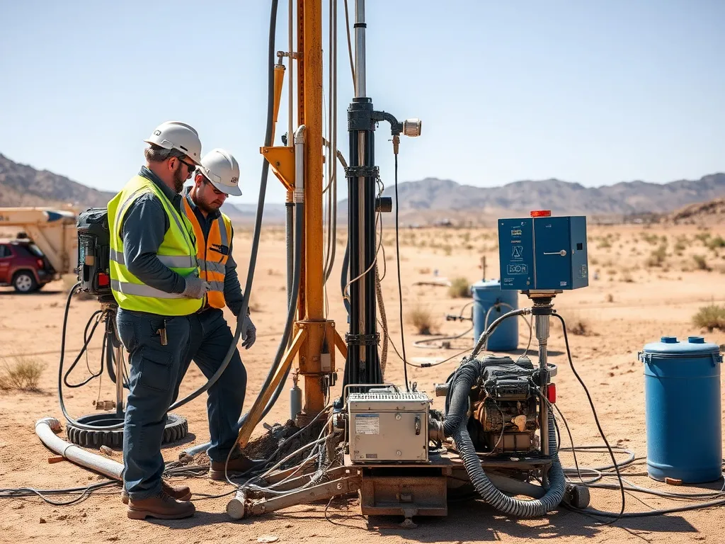 Engineers in safety gear conducting water well testing, surrounded by technical equipment in a desert setting, high quality, detailed