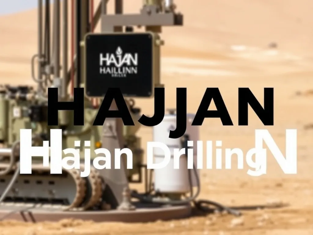 Hajjan Drilling's logo on a water well site, modern equipment visible, clear branding, professional photography style, desert background