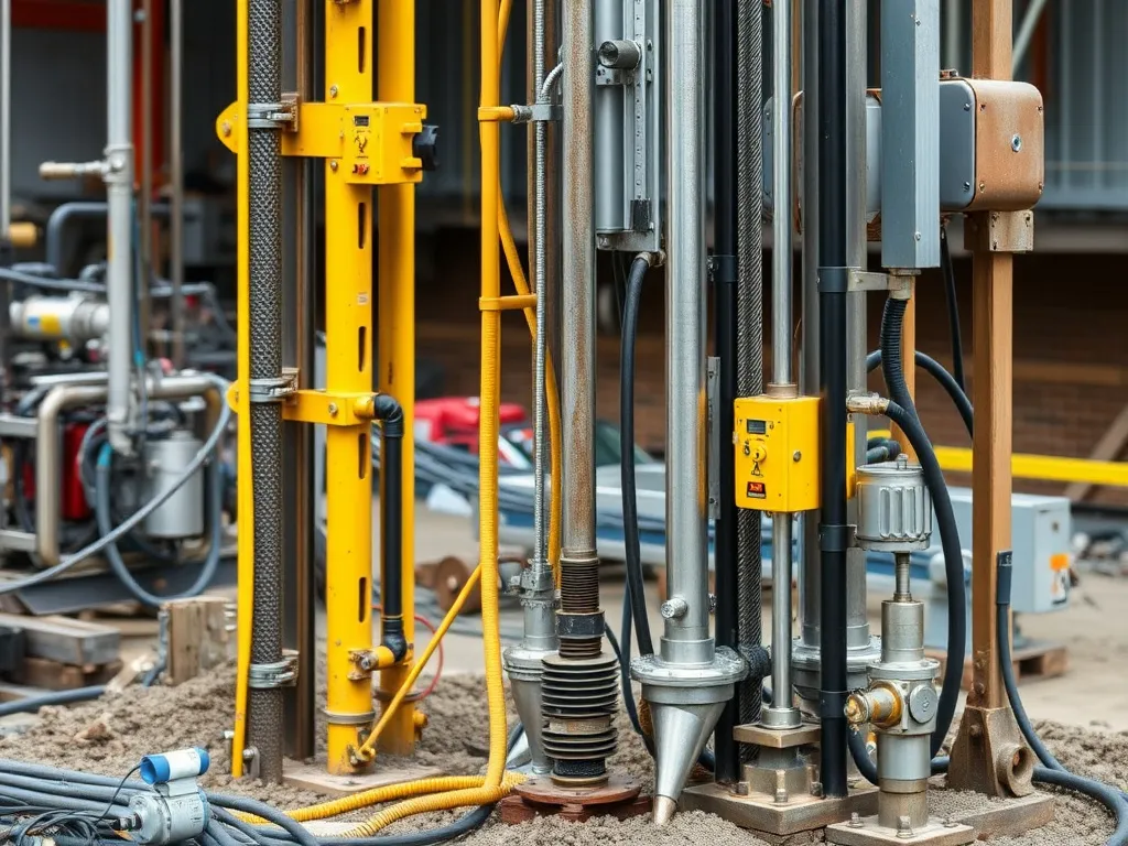 Different well drilling techniques (mud rotary, air rotary, cable tool), professional drilling setting, high quality, detailed