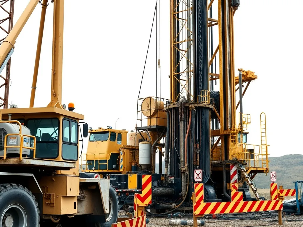 Drilling operations with heavy equipment, monitoring and safety measures, detailed and dynamic depiction of real-time drilling process