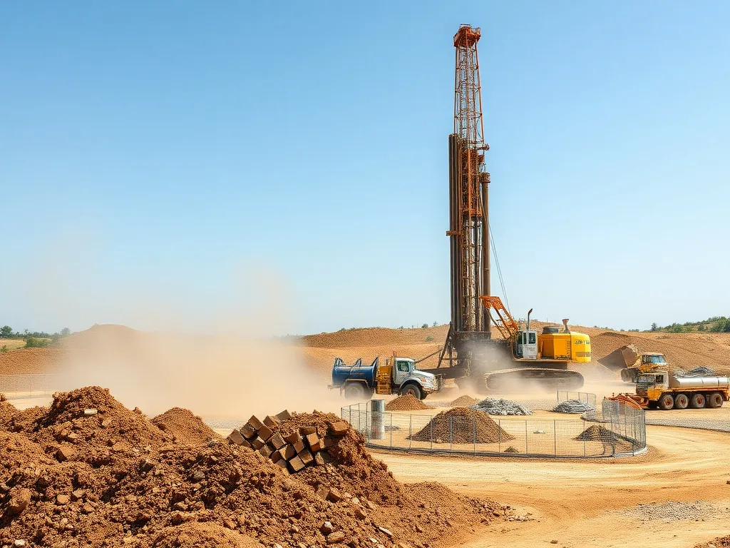 Environmental impact considerations at a drilling site, waste management, dust control, and ecological protection, professional detailed representation
