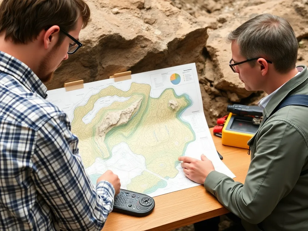 Detailed geological assessment process, maps, and hydrogeological tools, professional setting, high quality imaging