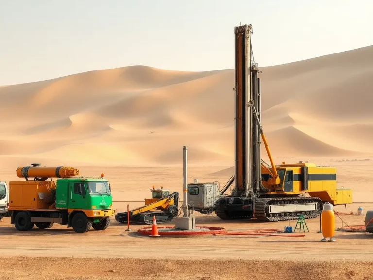 Photorealistic scene of a modern water well drilling site, depicting advanced drilling rigs, Saudi Arabian desert background, professional lighting, high quality, detailed representation of drilling operations