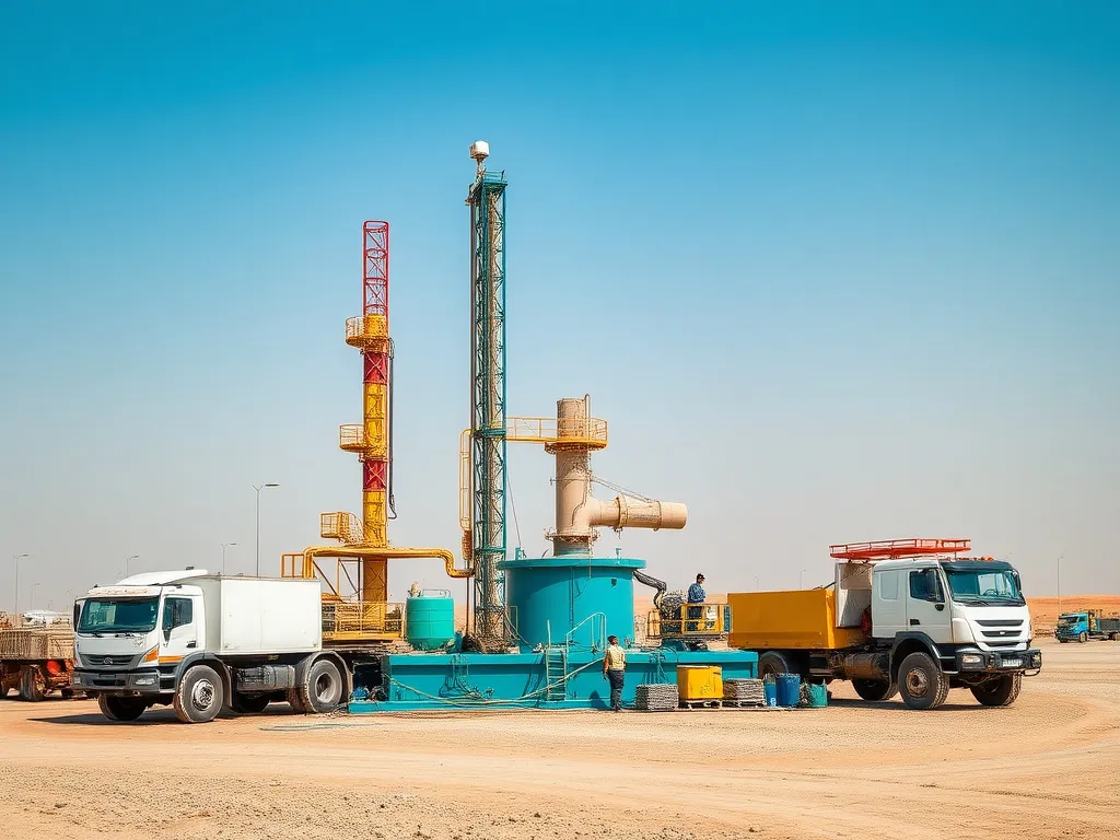 Successful water well project with Saudi Aramco, showcasing advanced technology and logistics, professional photography, high quality