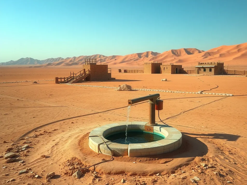 Arid desert area of Saudi Arabia with a water well integrated into local infrastructure, signifying the importance of groundwater for agriculture and community, high-resolution, realistic colors.