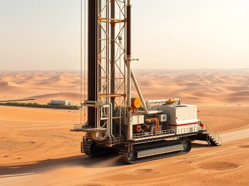 Modern drilling rig in action in Saudi Arabian landscape, showing techniques like rotary and percussion drilling, engineered with cutting-edge technology, highly detailed and precise.
