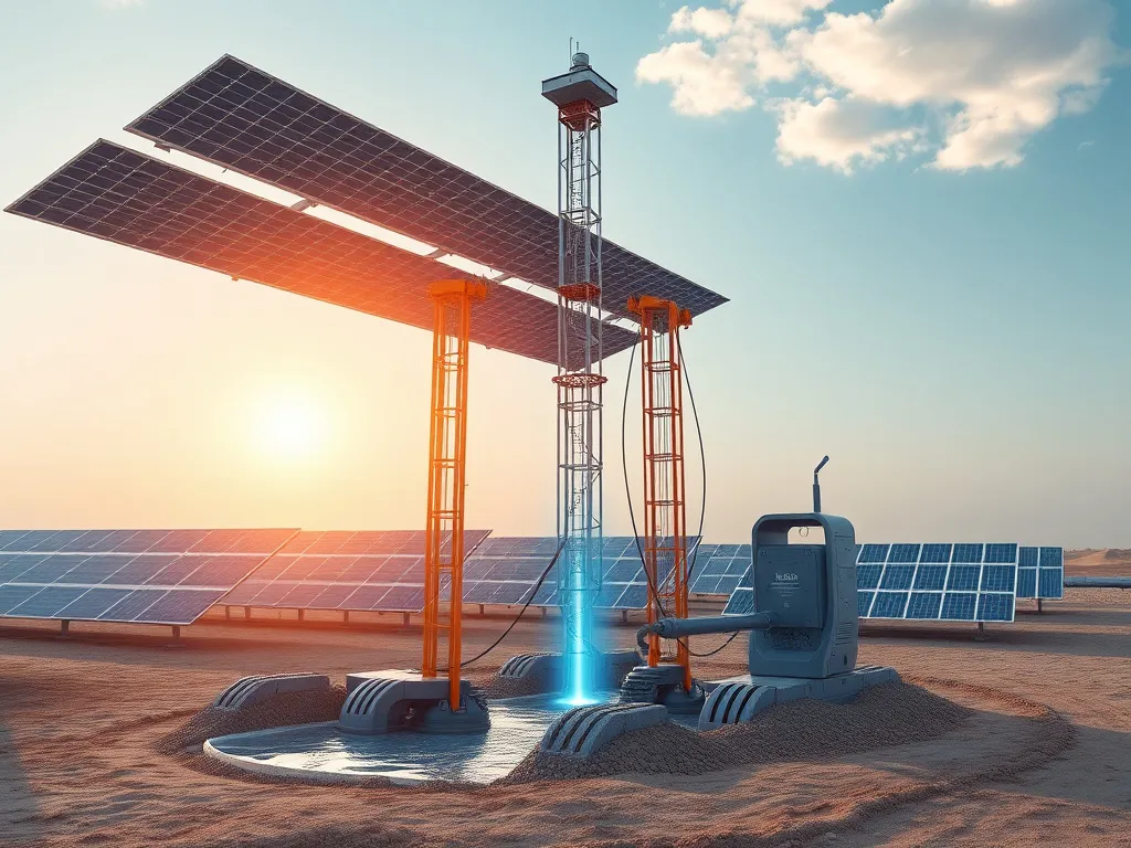 Futuristic vision of water well drilling with solar panels and AI-driven systems, representing the sustainable and technologically advanced future of the industry in Saudi Arabia.