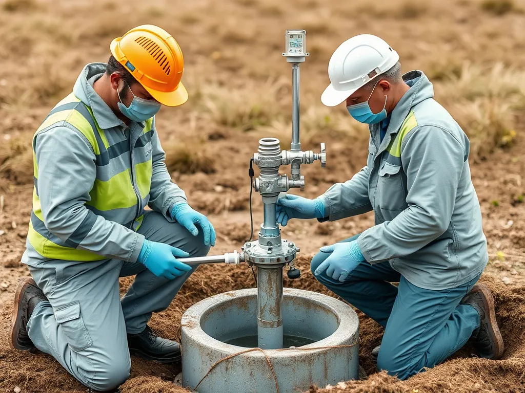 Professional maintenance of a water well system, illustrating sanitation, structural checks, and advanced monitoring technologies in the field, high-quality and engaging.