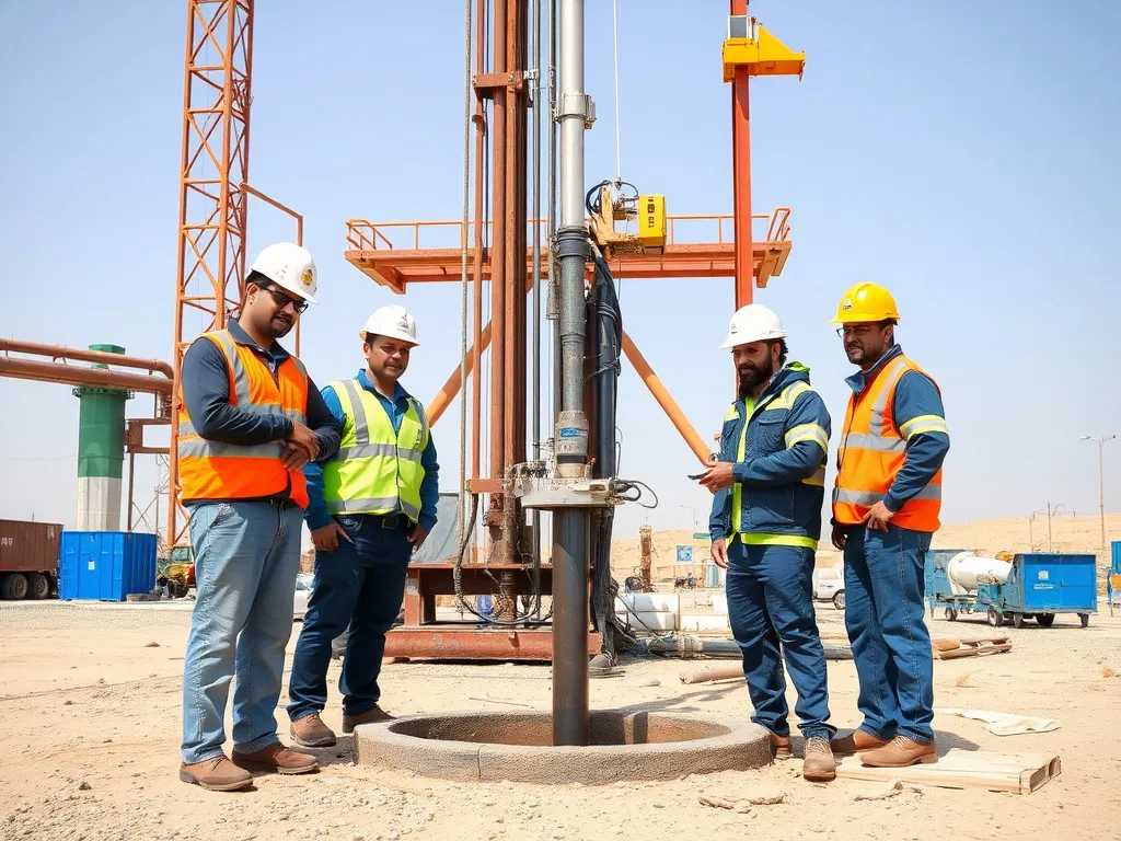 Team of engineers and workers at a successful water well project site, showcasing collaboration and modern technology in drilling operations, emphasizing on Saudi Aramco's network.