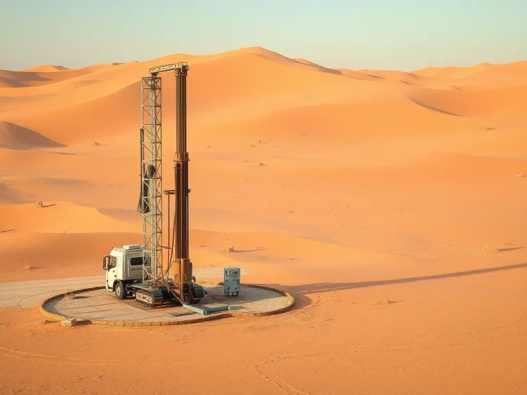 Vast desert landscape with modern water well drilling equipment, showcasing sustainable practices in Saudi Arabia, photorealistic, high quality, capturing both technology and the natural environment.