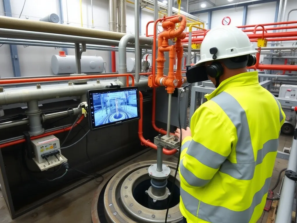 Industrial setting showing large-scale inspection of water wells using advanced video logging, highlighting high-tech facility maintenance